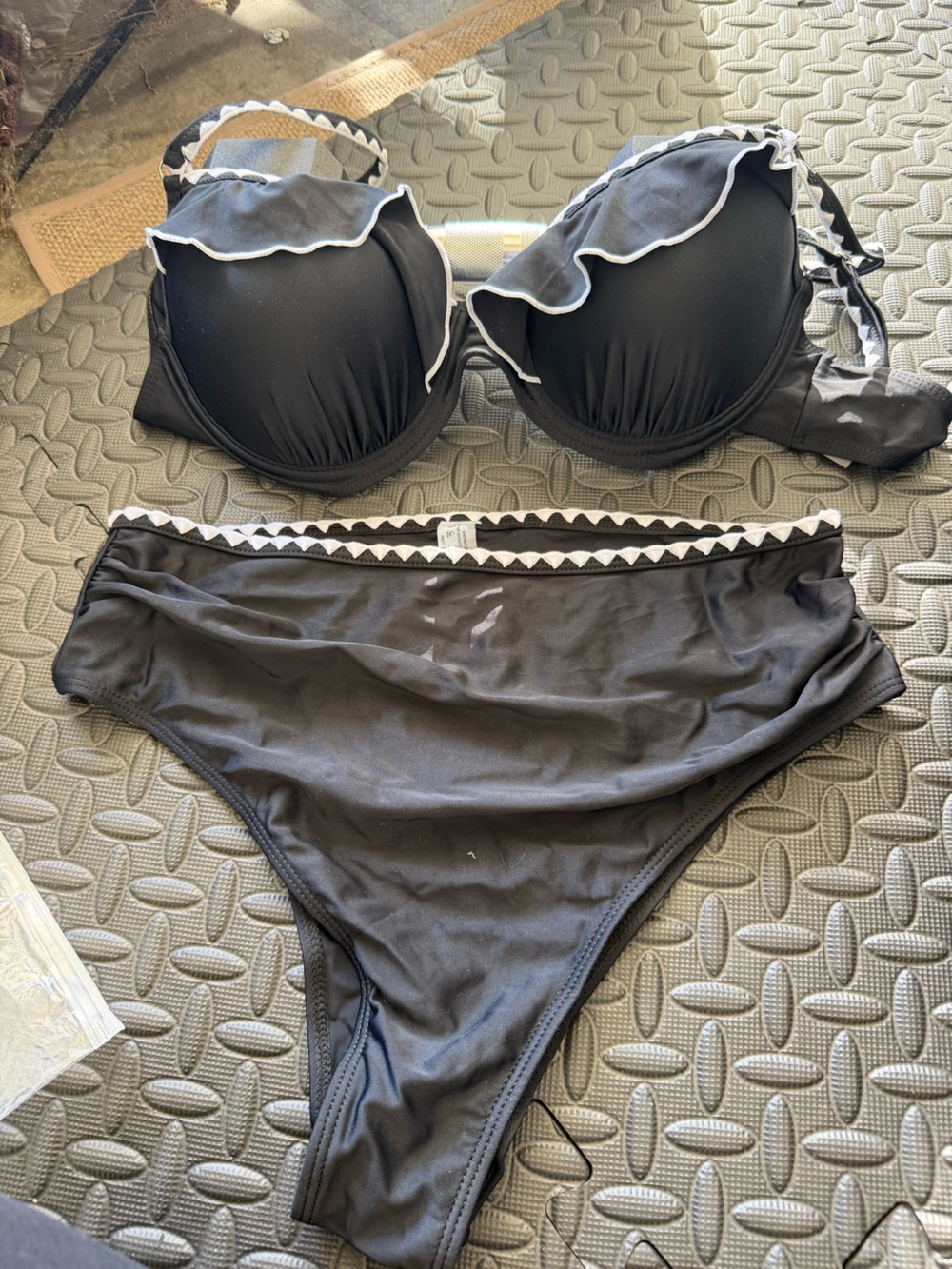 New Black Bikini Set with White Zigzag Trim